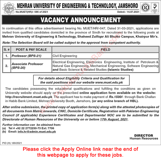 Civil Engineering teaching jobs in Mehran University of Engineering and