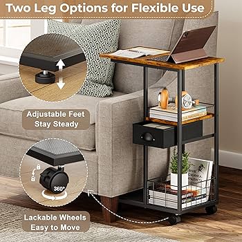 Amazon.com: C Shaped Sofa Side Table with Wheels, Rolling Small ...
