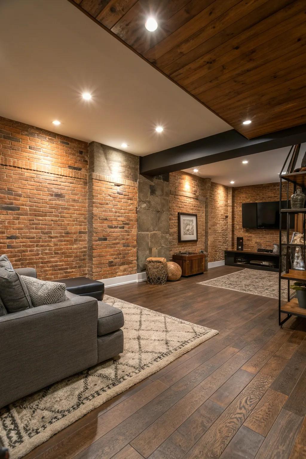 Balance rustic and modern with sleek flooring against brick walls.