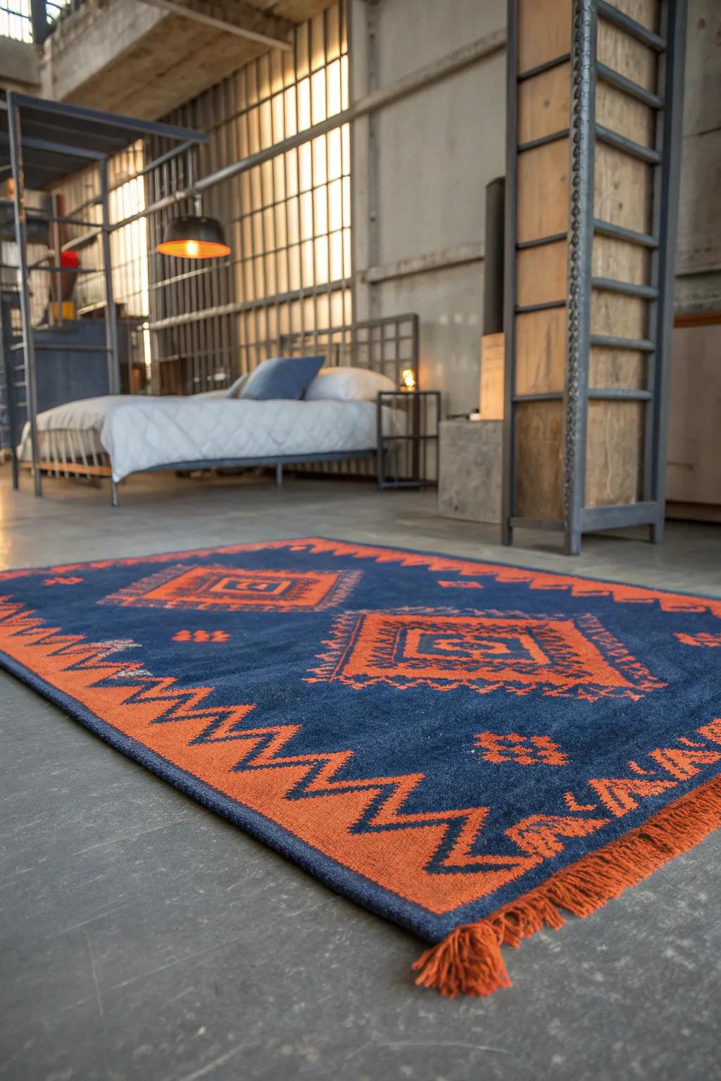 Distressed rugs enhance the industrial vibe, adding warmth and texture.
