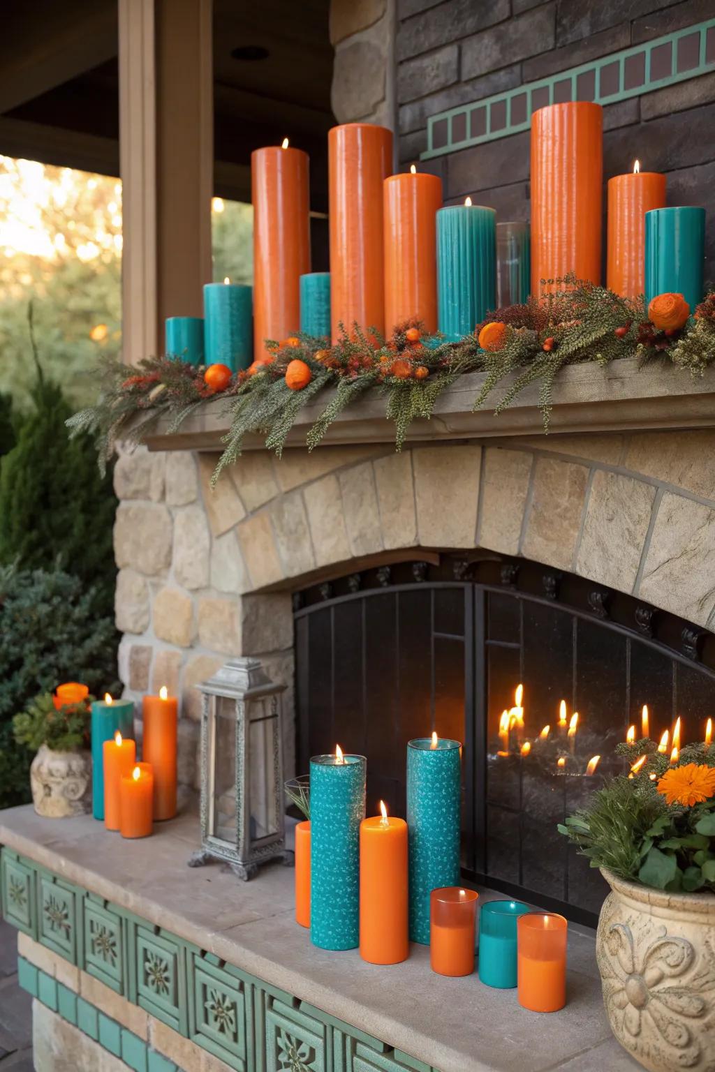 Candles of varying sizes create a warm and inviting glow on your outdoor mantel.