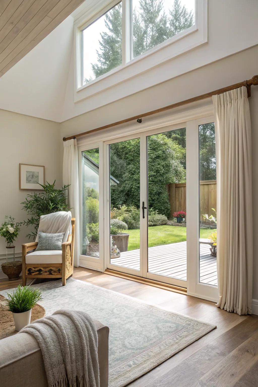 Large glass panels bring the outdoors in, creating a stunning visual impact.