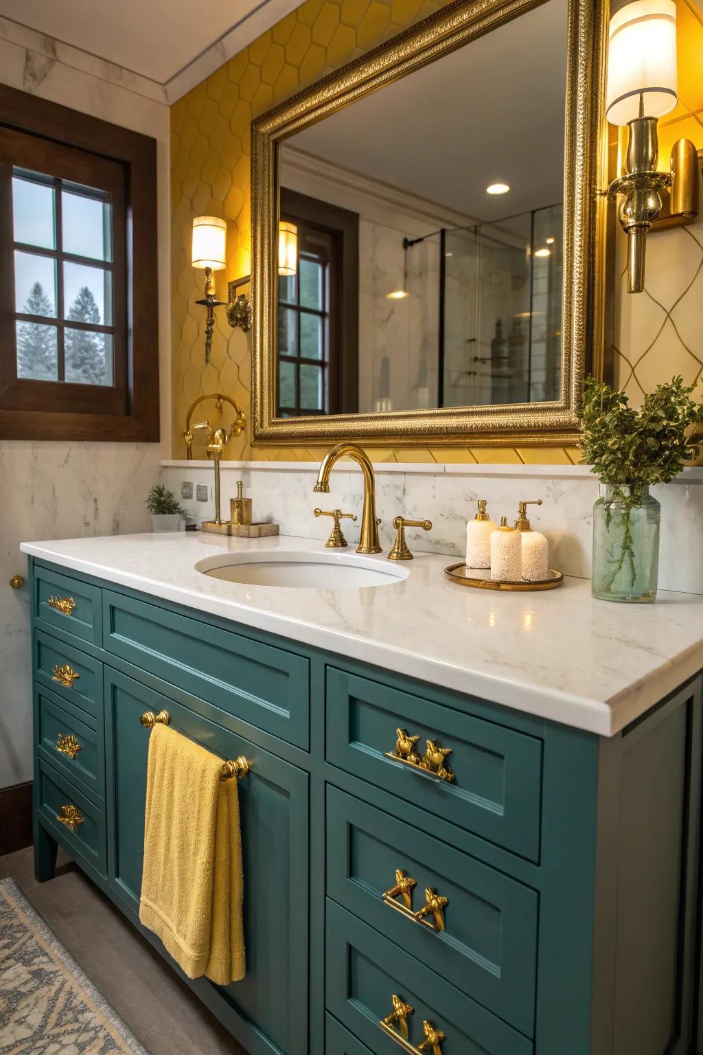 Infuse warmth and charm with brass fixtures complementing your vanity top.