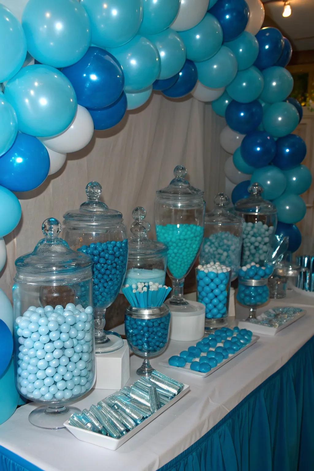 Indulge in sweet delights with a vibrant blue candy buffet that guests will adore.