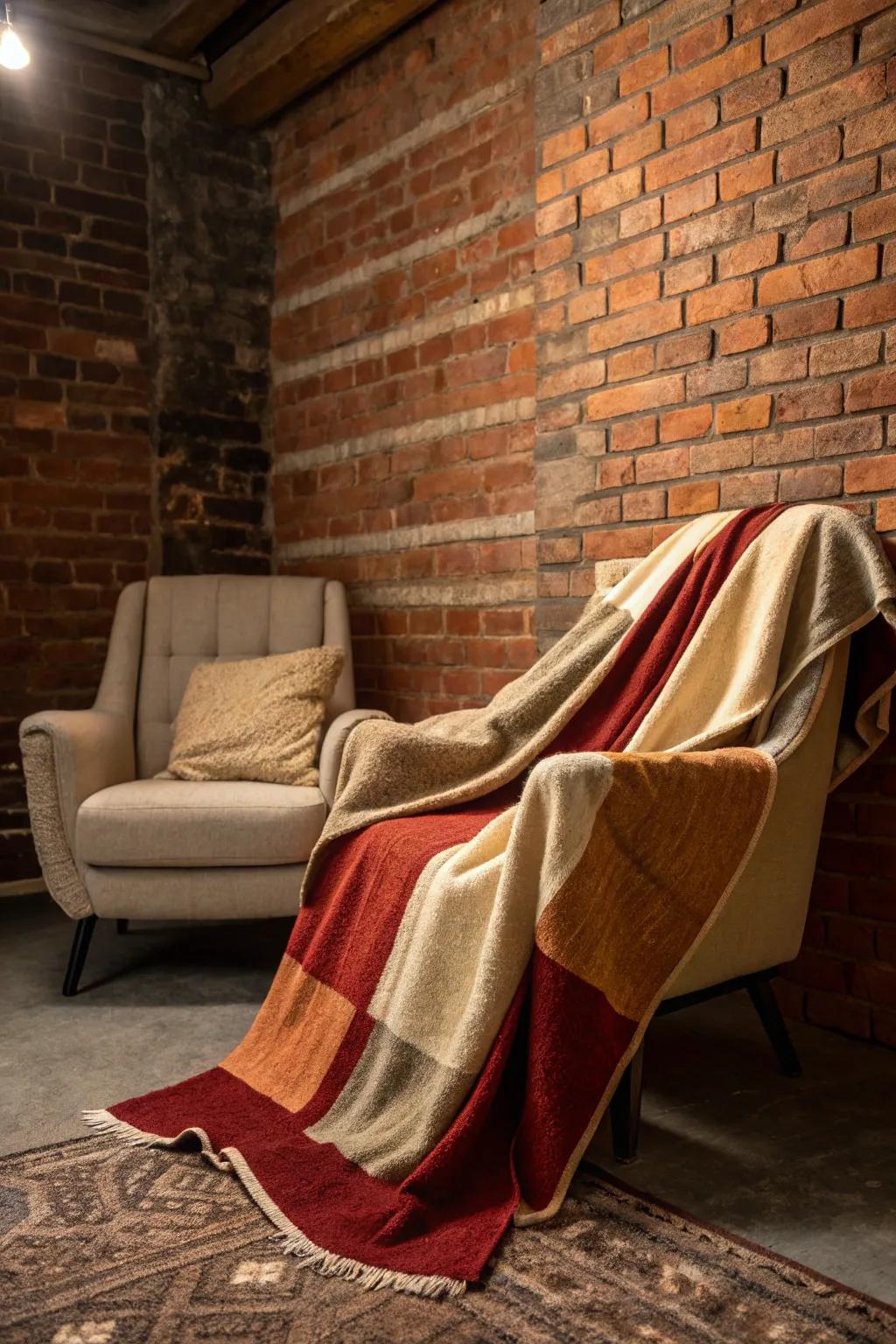 Soften hard edges with cozy textiles against your brick walls. 🧣 #CozyDecor #WarmInteriors