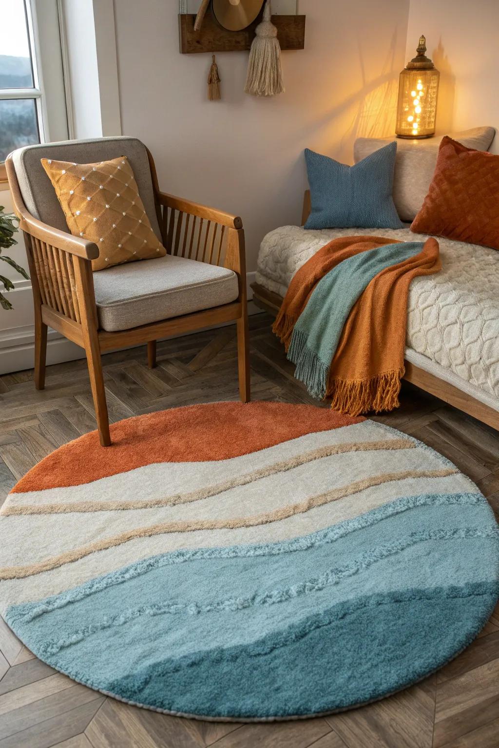 Balance cool tones with warm accents for a harmonious and cozy bedroom. #ColorHarmony #RugStyle