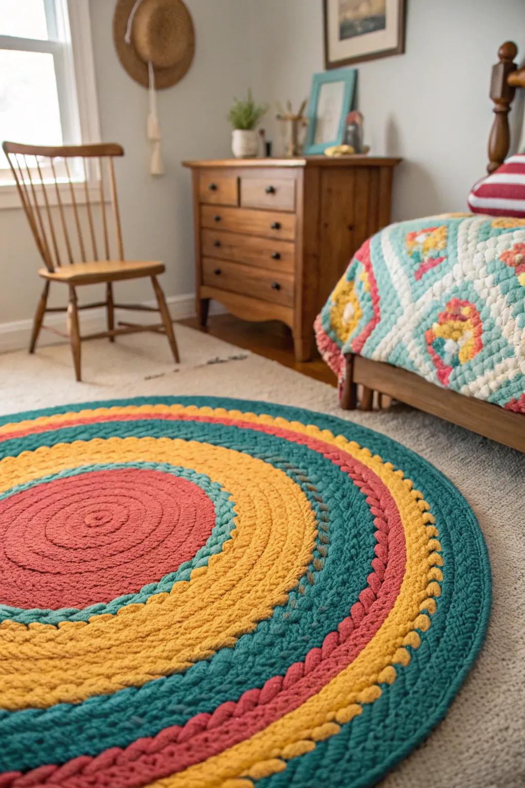 Braided rugs bring rustic charm and warmth, perfect for a cozy farmhouse feel.