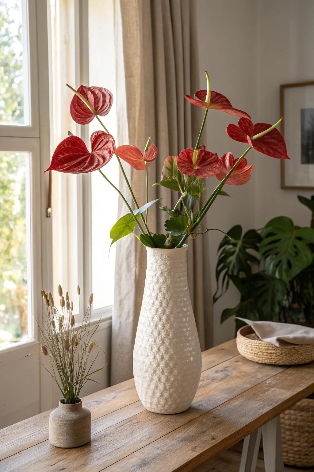 Red anthuriums add a bold, contemporary flair to any modern office space. 🌿 #ModernFlair #AnthuriumStyle