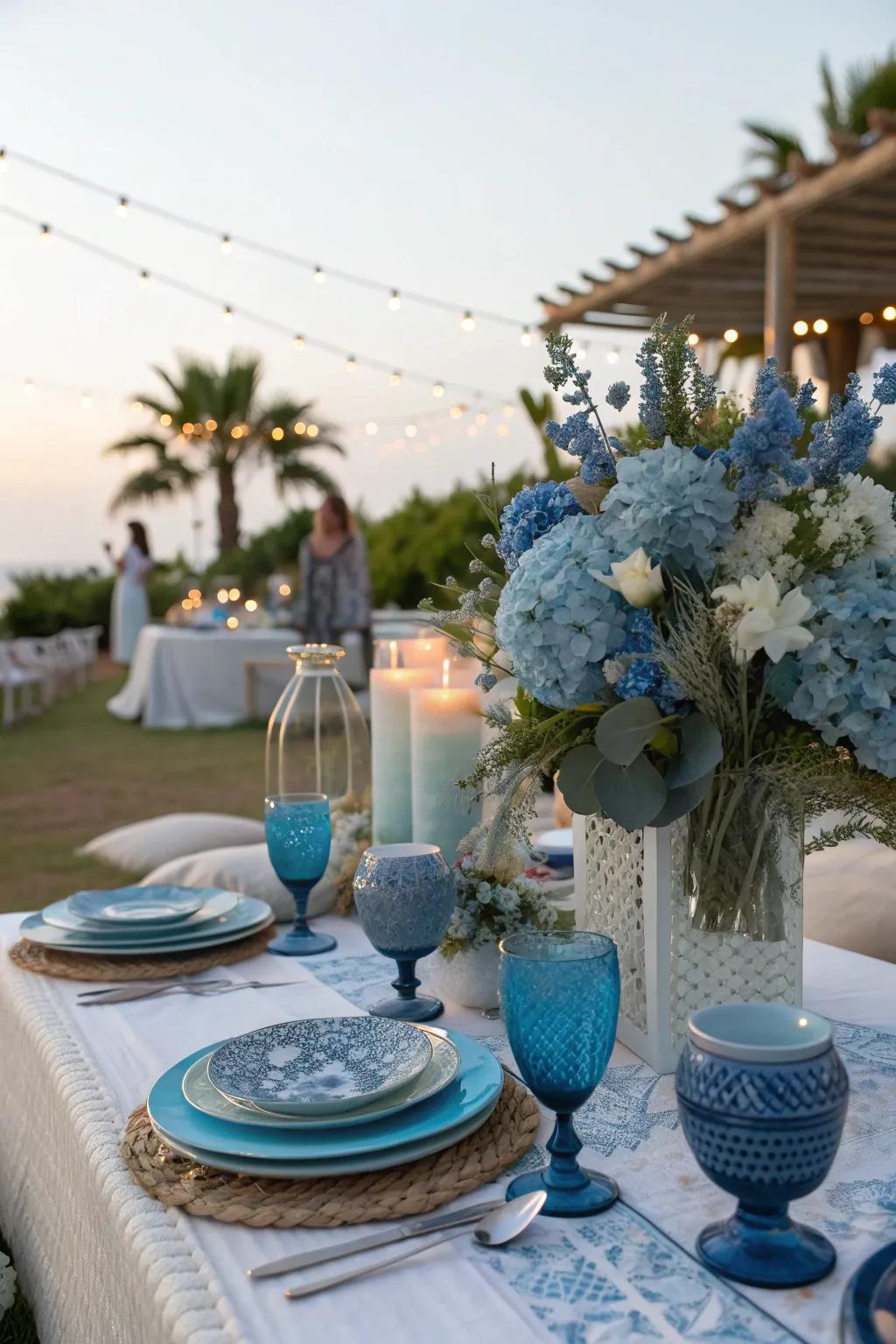 Embrace tranquility with a blue-themed garden party that brings nature to your celebration.