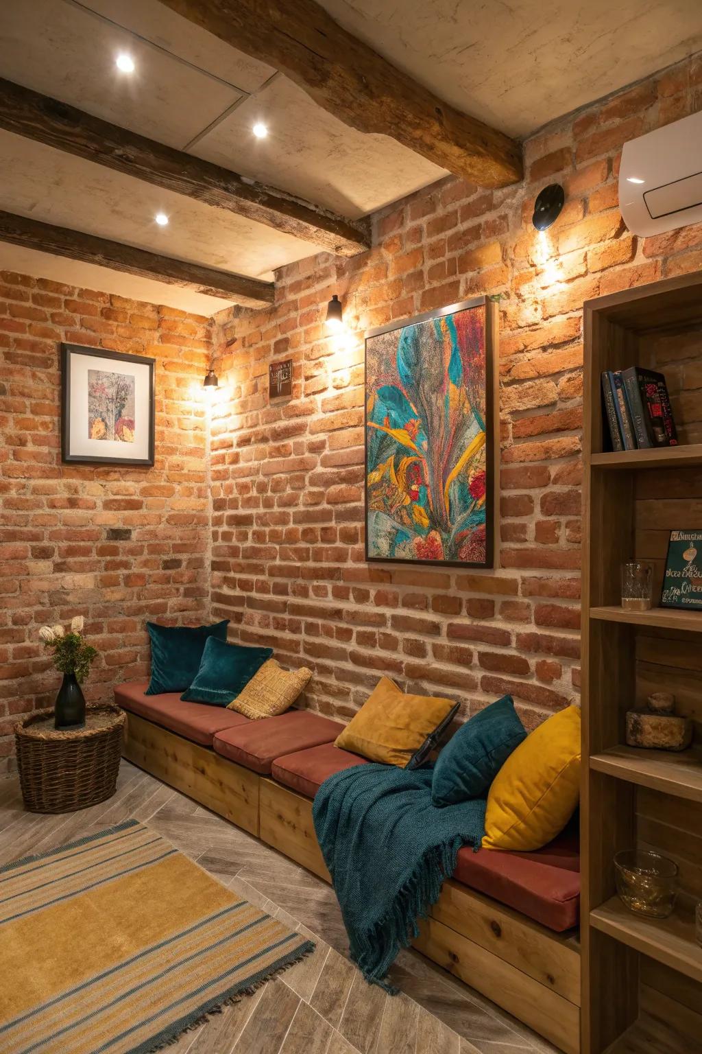 Add vibrancy to your space with colorful accents against brick walls.