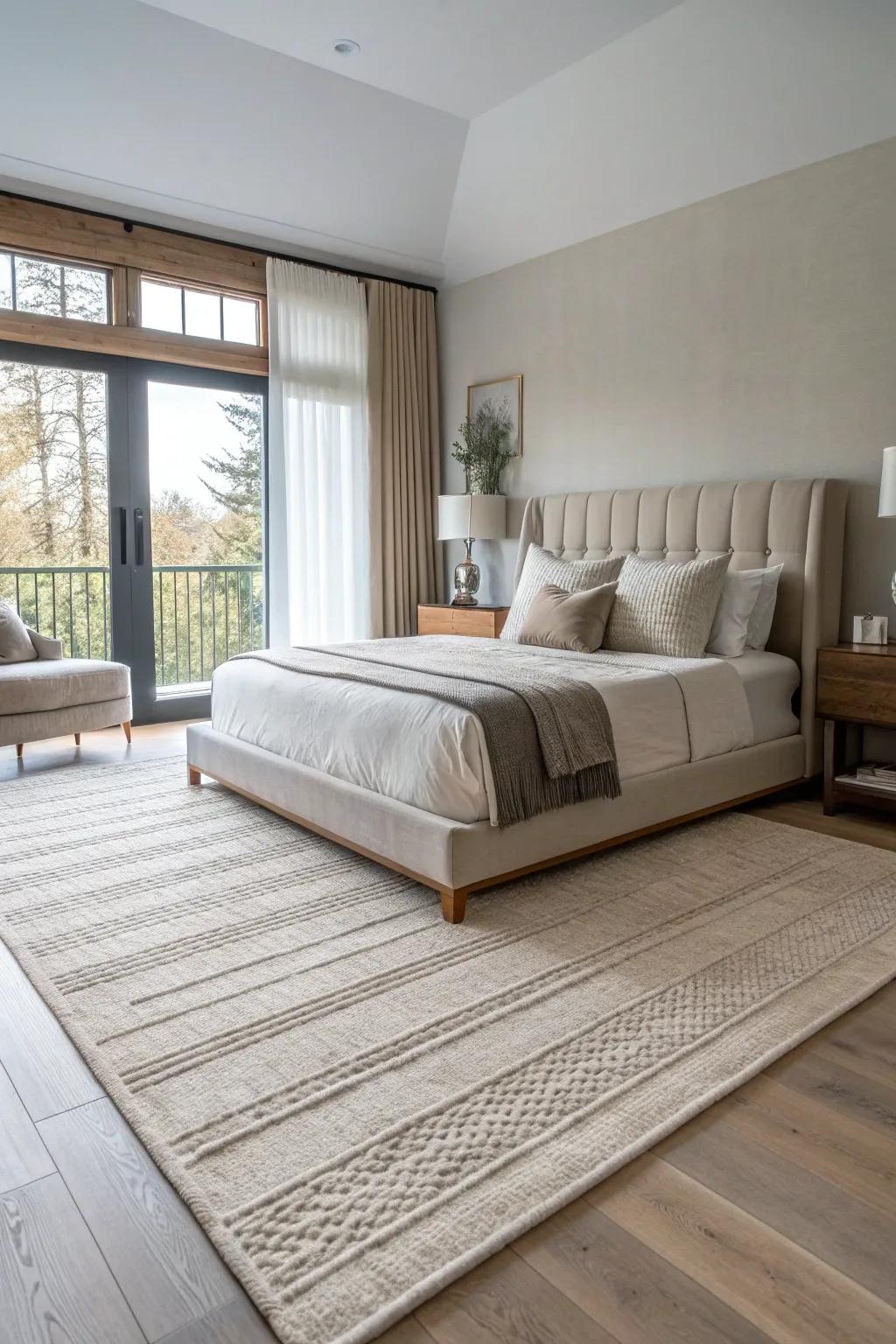Minimalistic low-pile rugs add subtle elegance to any modern bedroom. #MinimalistDecor #SleekDesign