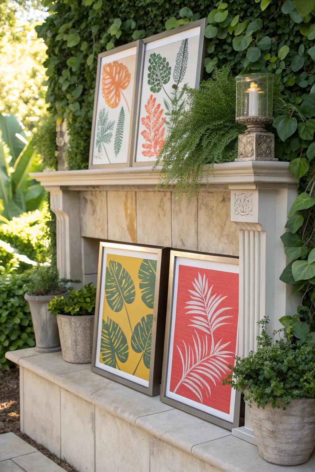 Framed botanical prints bring elegance and sophistication to your outdoor mantel.