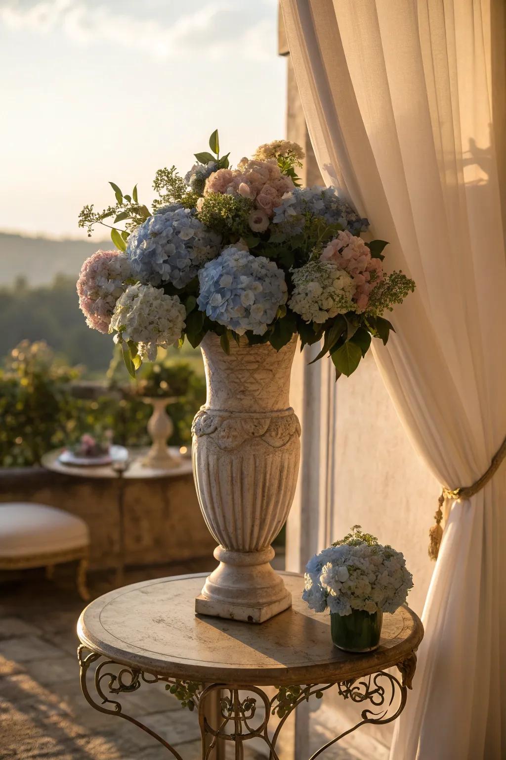Blue hydrangeas add vintage charm to any dining room setting.