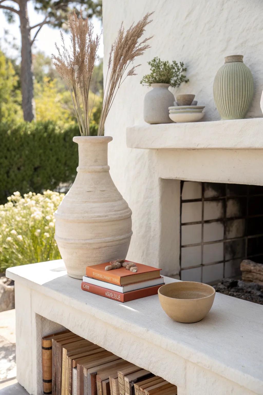 Layered decor adds depth and a curated feel to your outdoor mantel.