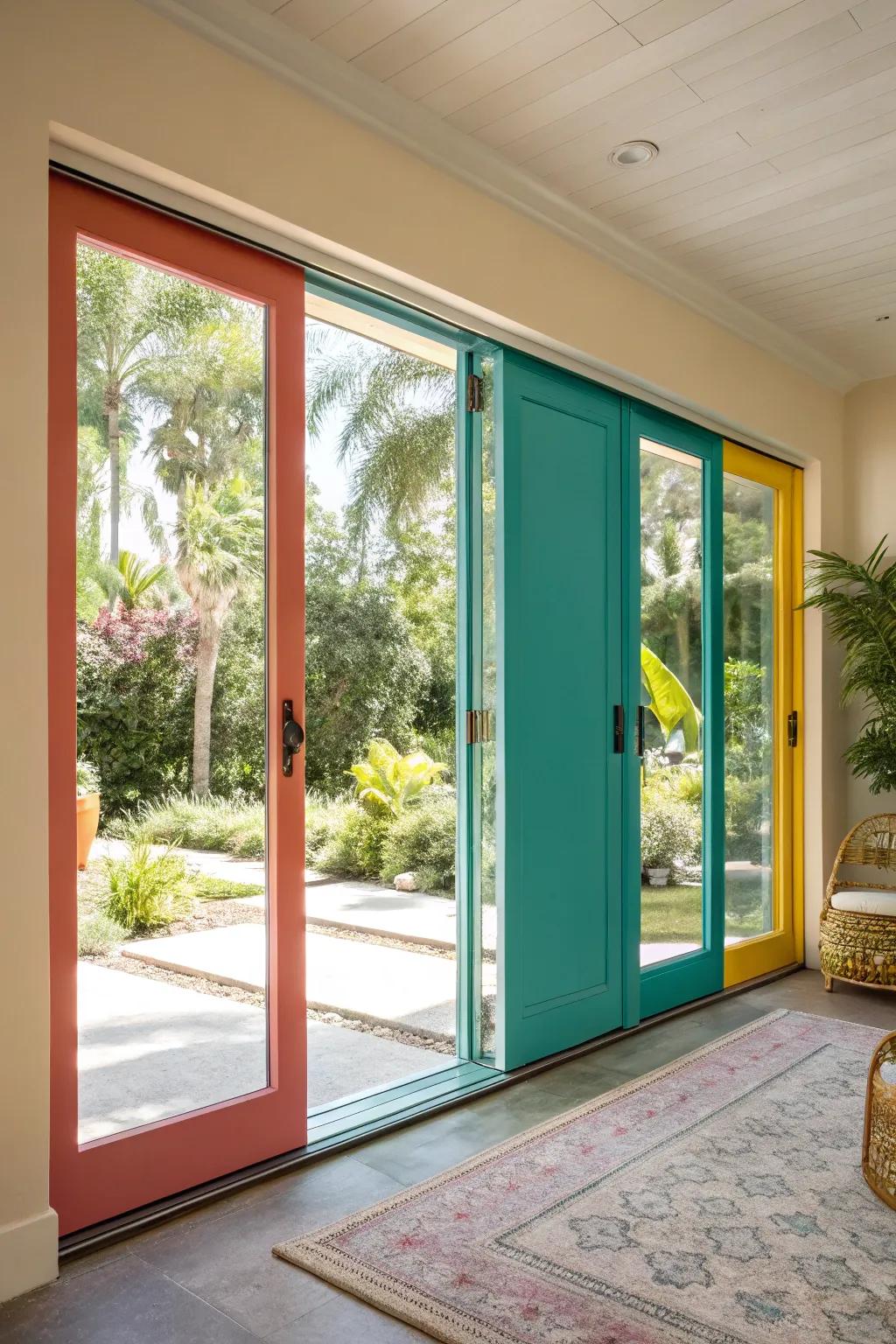 Brighten your space with colorful sliding door frames that add a splash of fun. 🌈 #ColorPop #VibrantLiving #InteriorCharm
