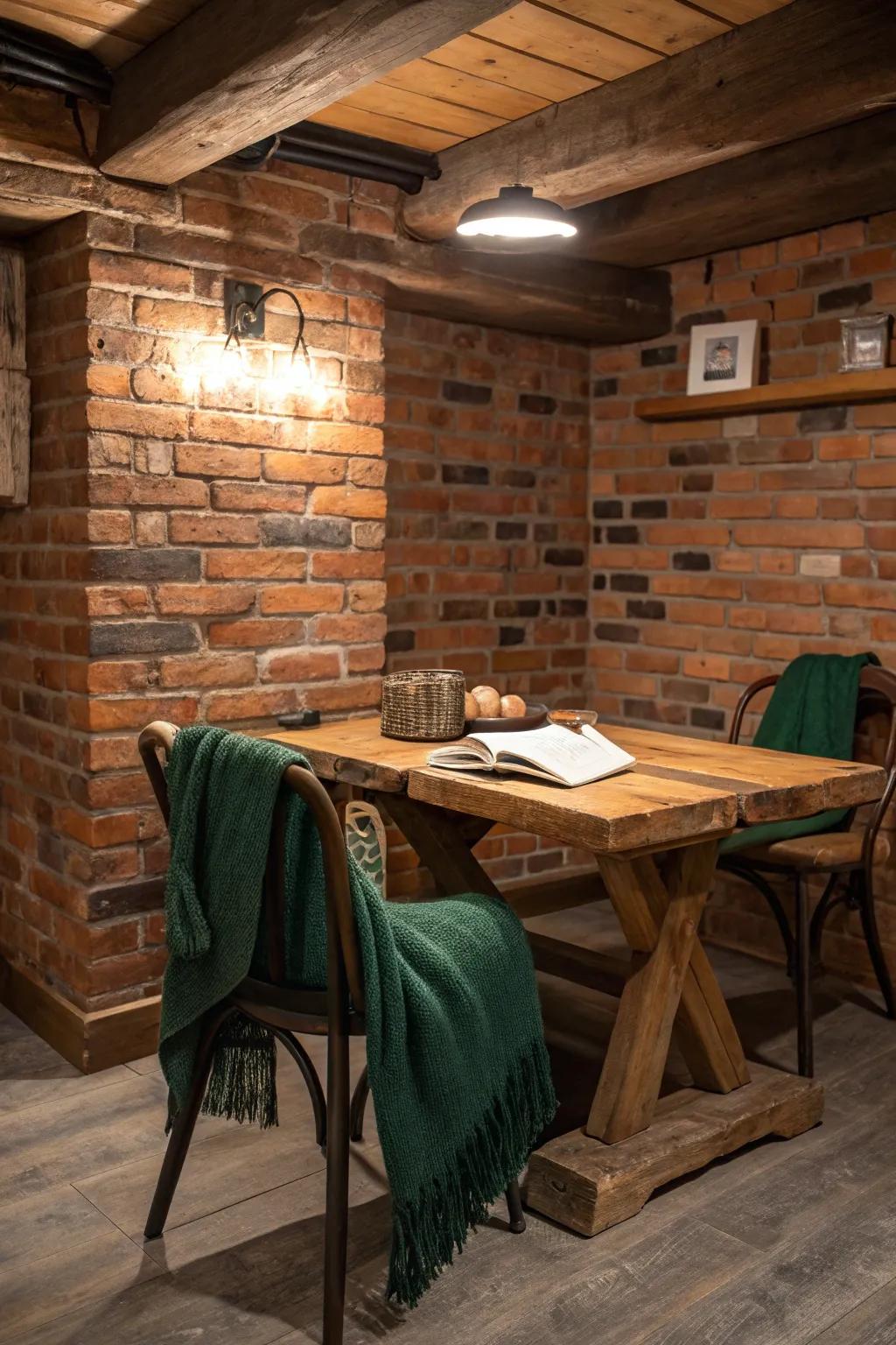 Create a harmonious environment with rustic wood against brick walls.