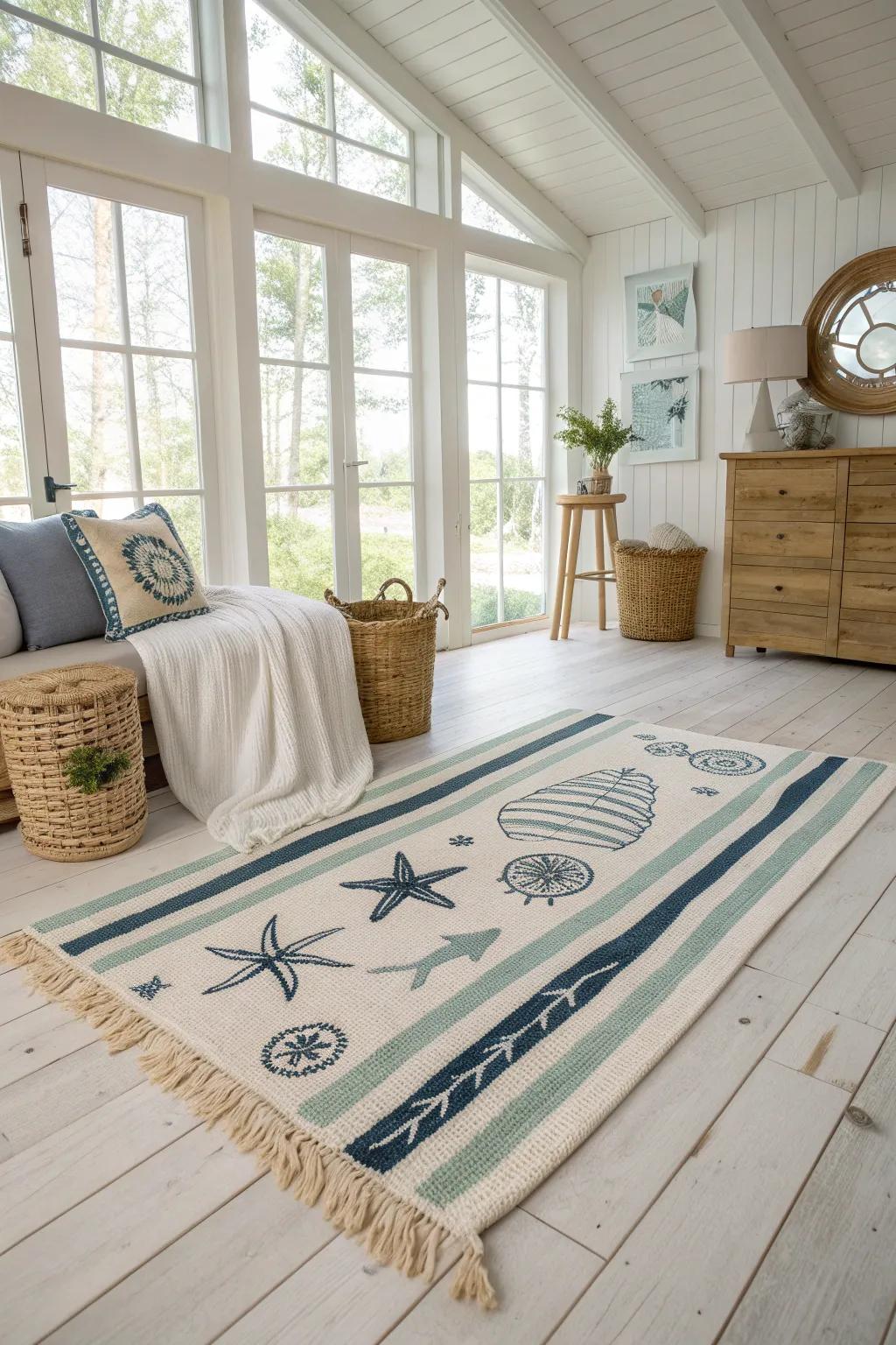 Nautical rugs infuse your bedroom with a breezy coastal vibe. #CoastalDecor #NauticalTheme
