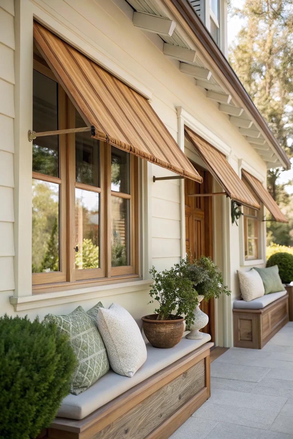 Add depth and sophistication with layered wood textures on your awnings.