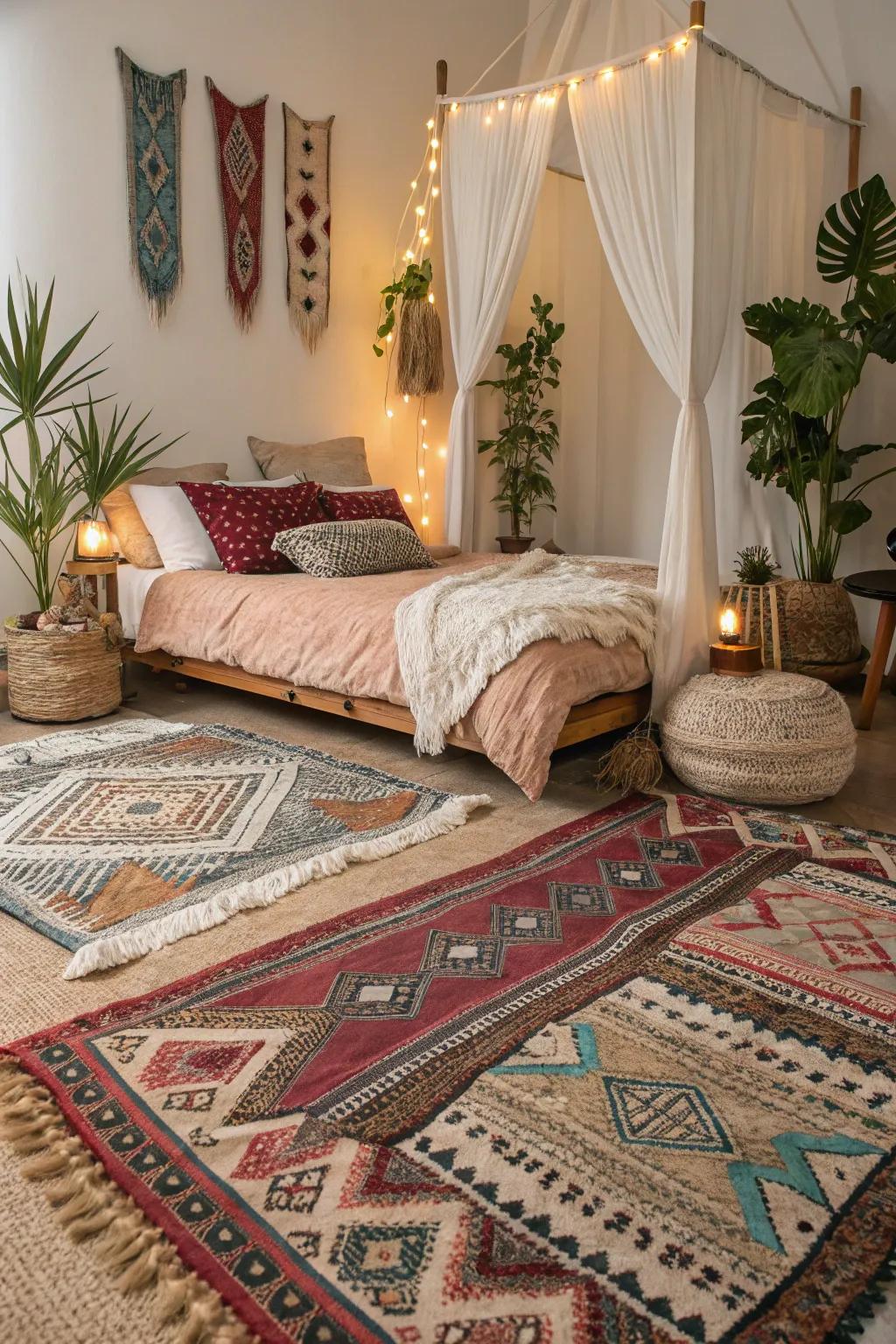 Bohemian layering brings an eclectic, vibrant vibe to your space.