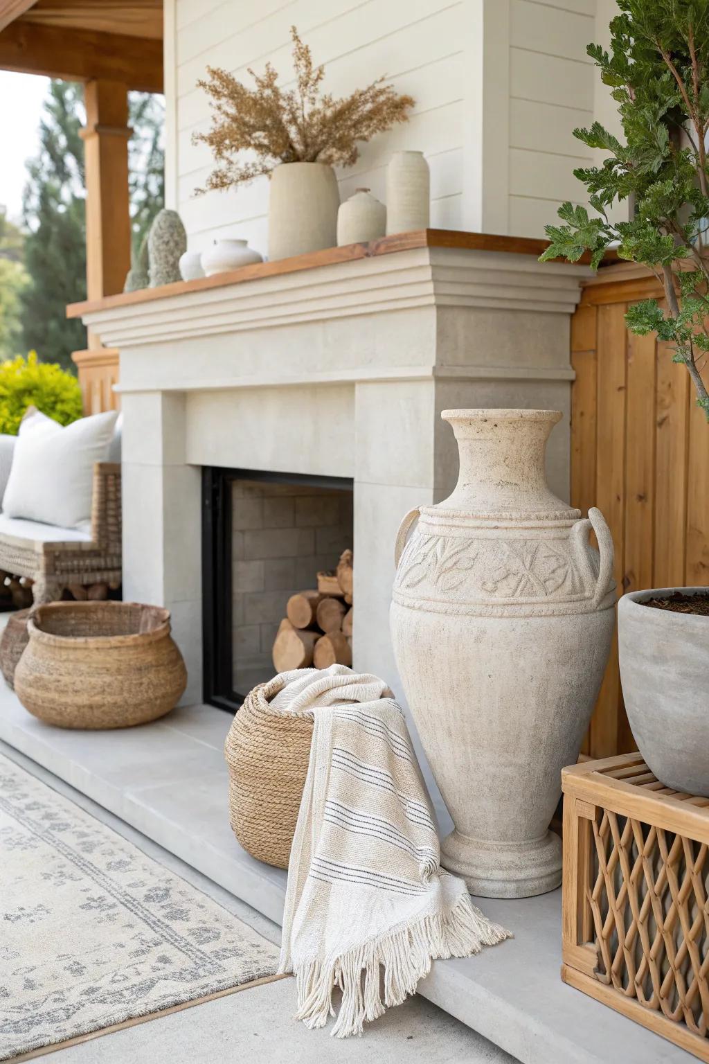 Playing with proportions creates a dynamic and engaging outdoor mantel display.
