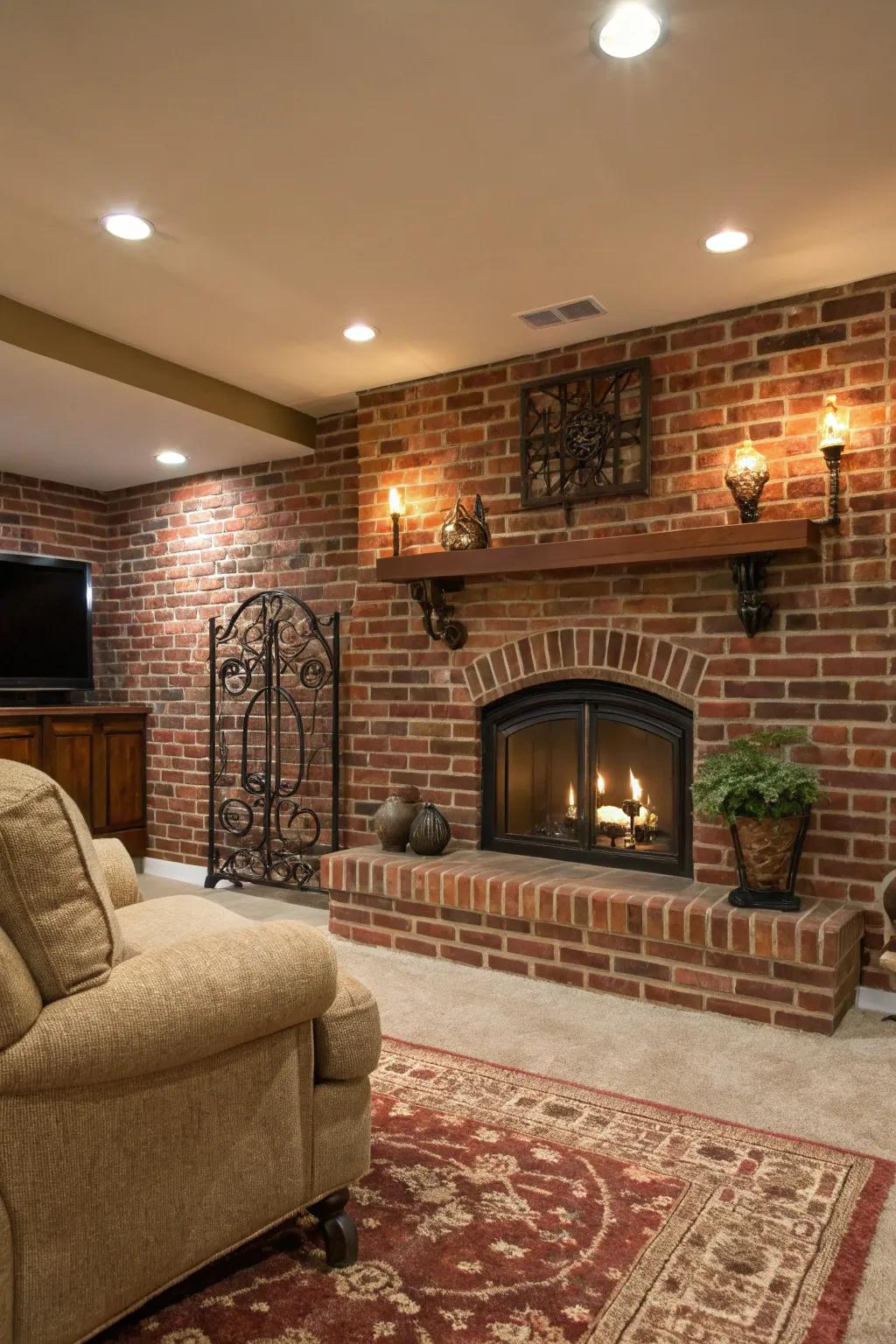 Enhance your space with a fireplace that complements your brick walls.