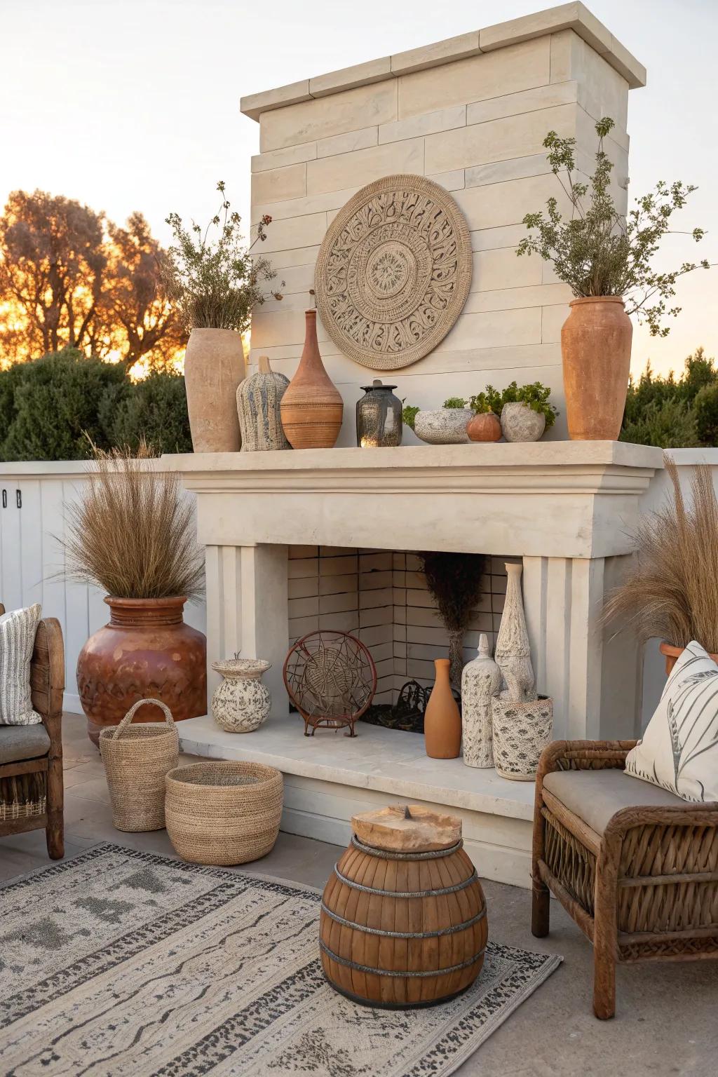 An eclectic mix of styles adds a personalized touch to your outdoor mantel. 🌟 #EclecticStyle #OutdoorPersonalization