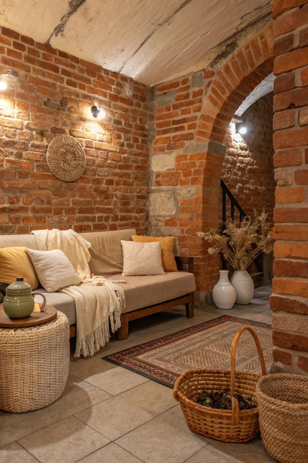 Elevate your design with a mix of textures against brick walls. 🏡 #LayeredTextures #HomeStyling