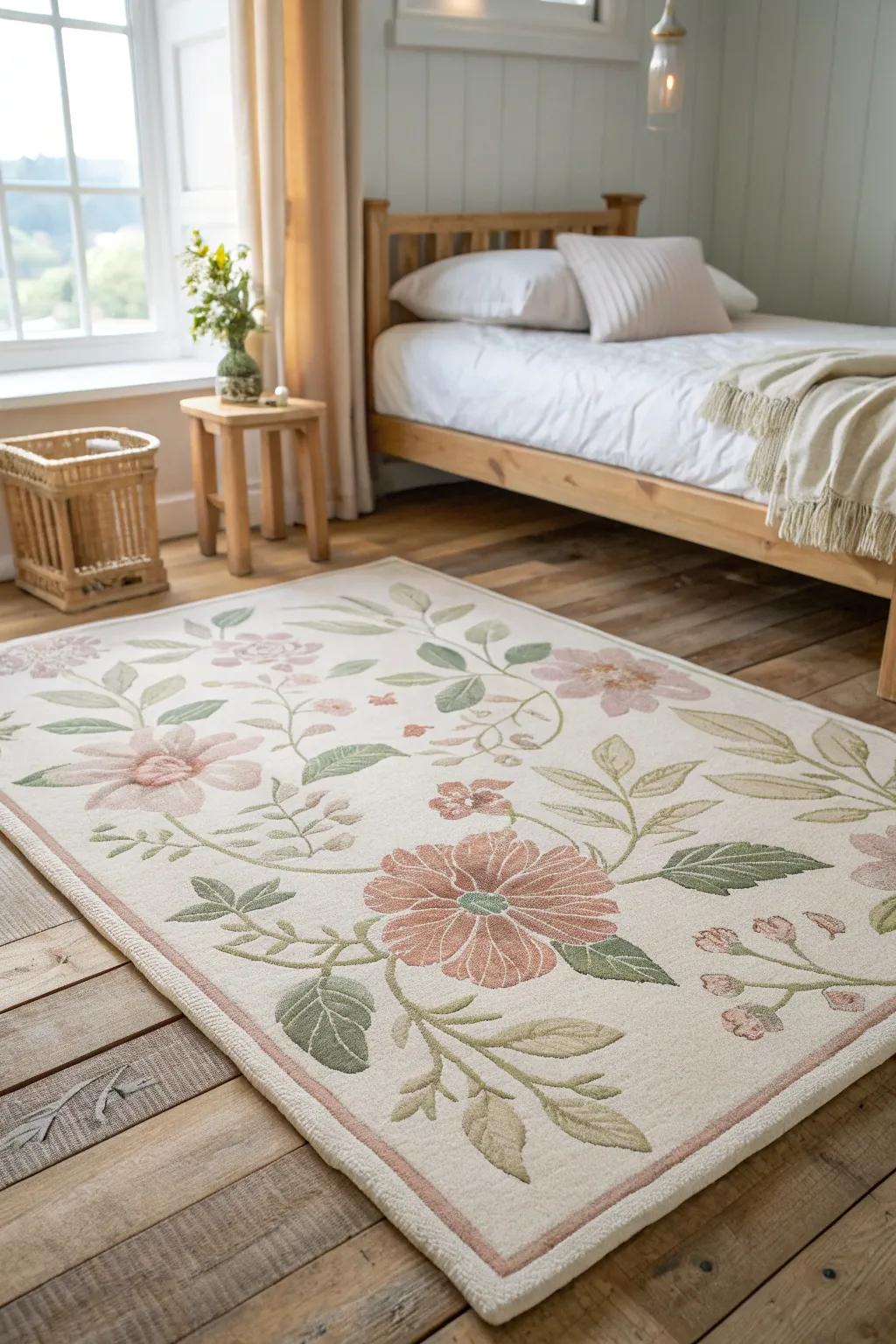 Floral rugs infuse elegance and charm, perfect for a sophisticated bedroom. #FloralRug #ElegantDecor