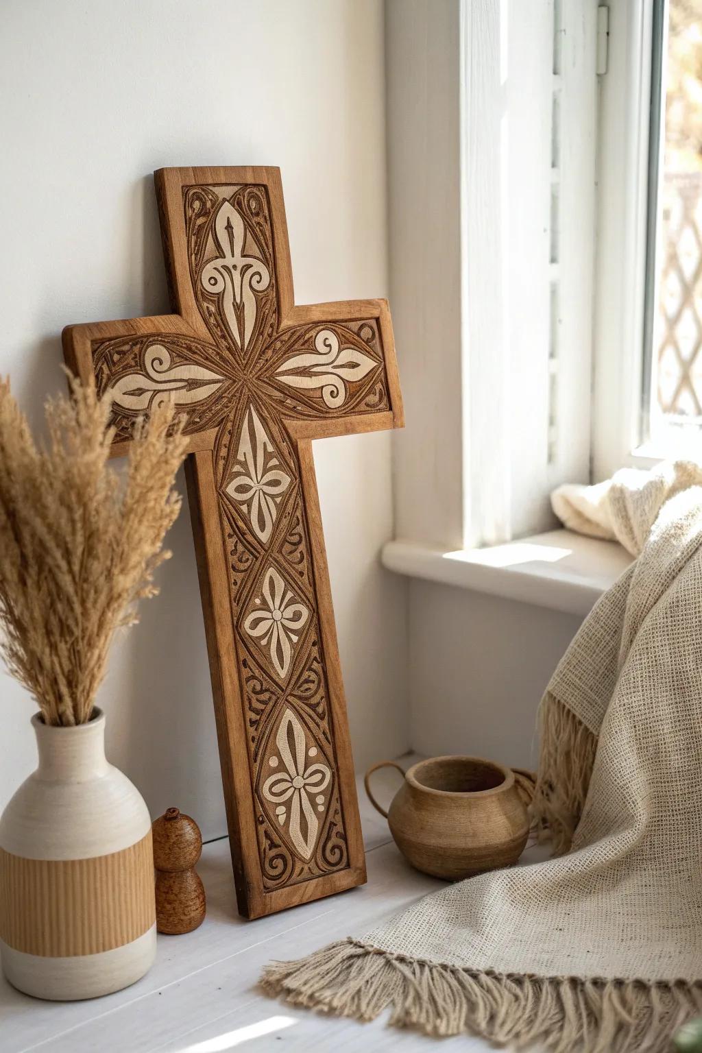 Achieve balance and beauty with a cross that features symmetrical carvings.