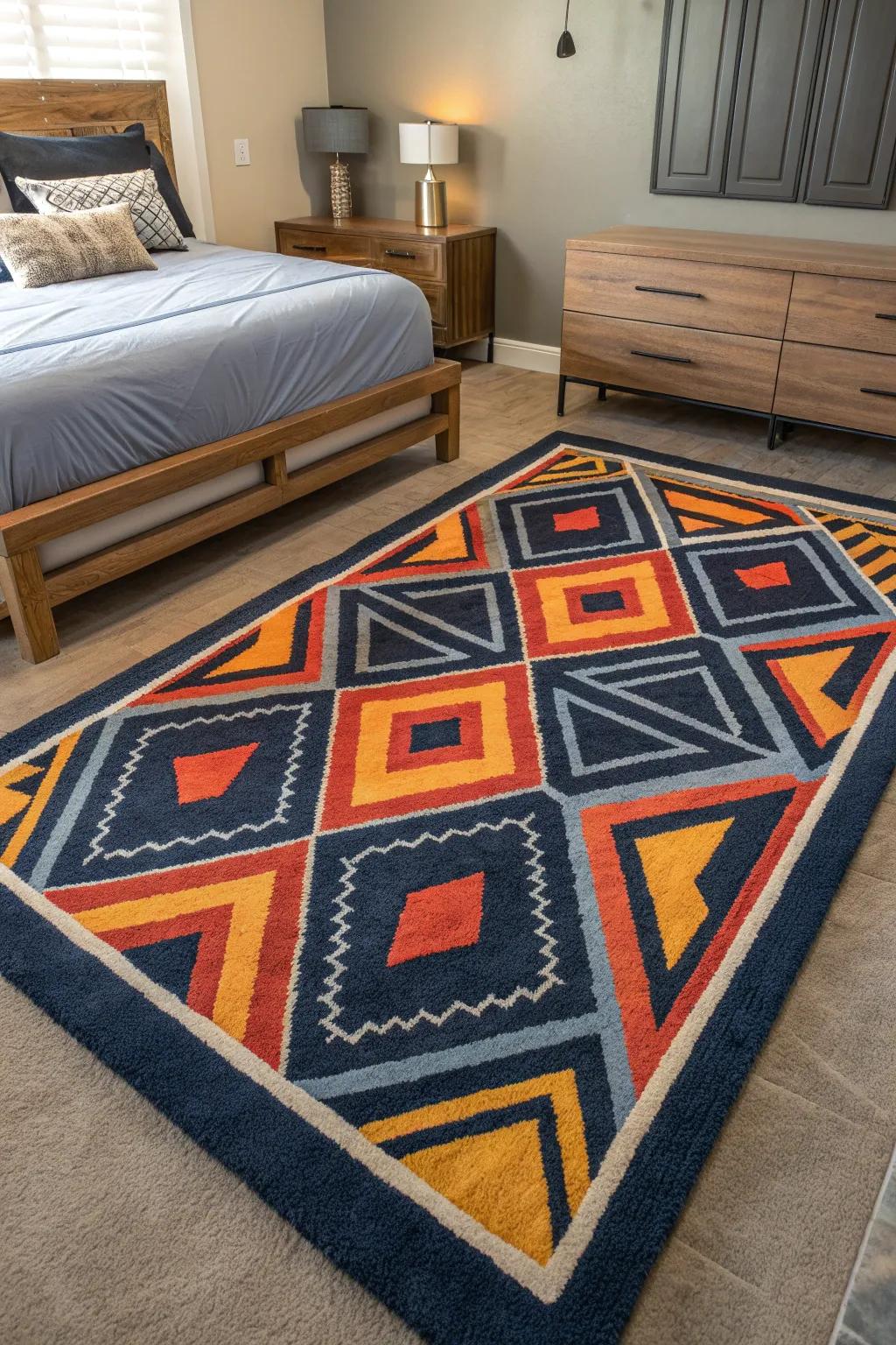 A geometric rug adds a touch of modern art to your bedroom, making it a visual delight. #GeometricRug #ModernBedroom