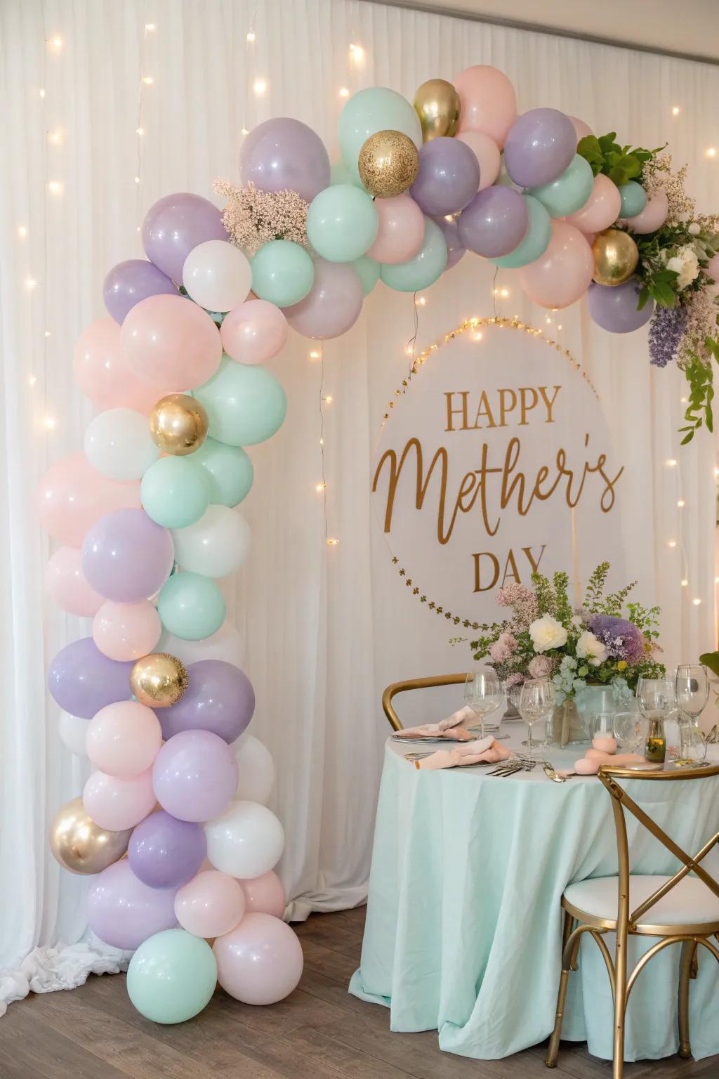 Create a whimsical pastel balloon arch for a dreamy Mother's Day celebration.