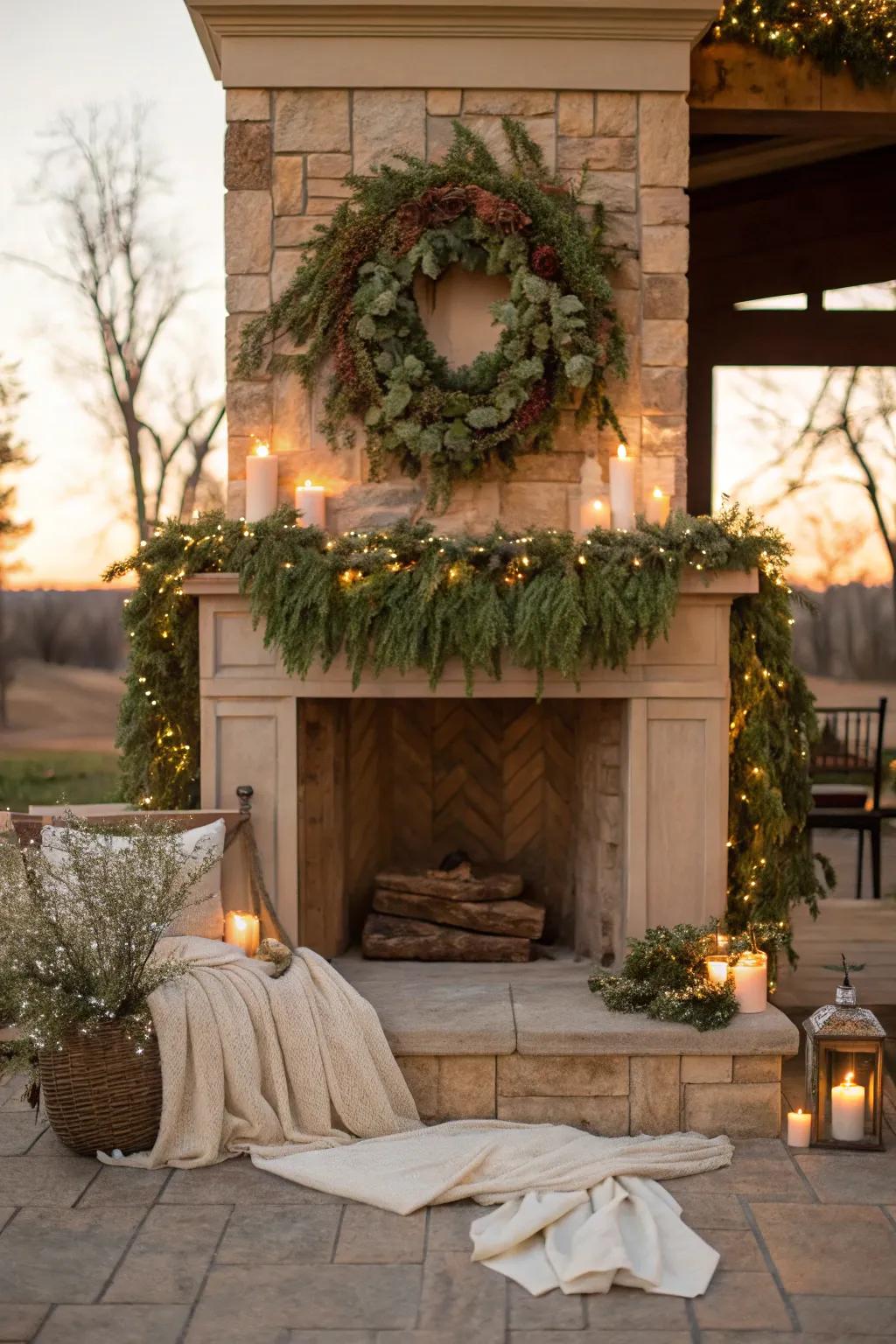 A lush arrangement of greenery wreaths and garlands brings the freshness of nature to your outdoor mantel.