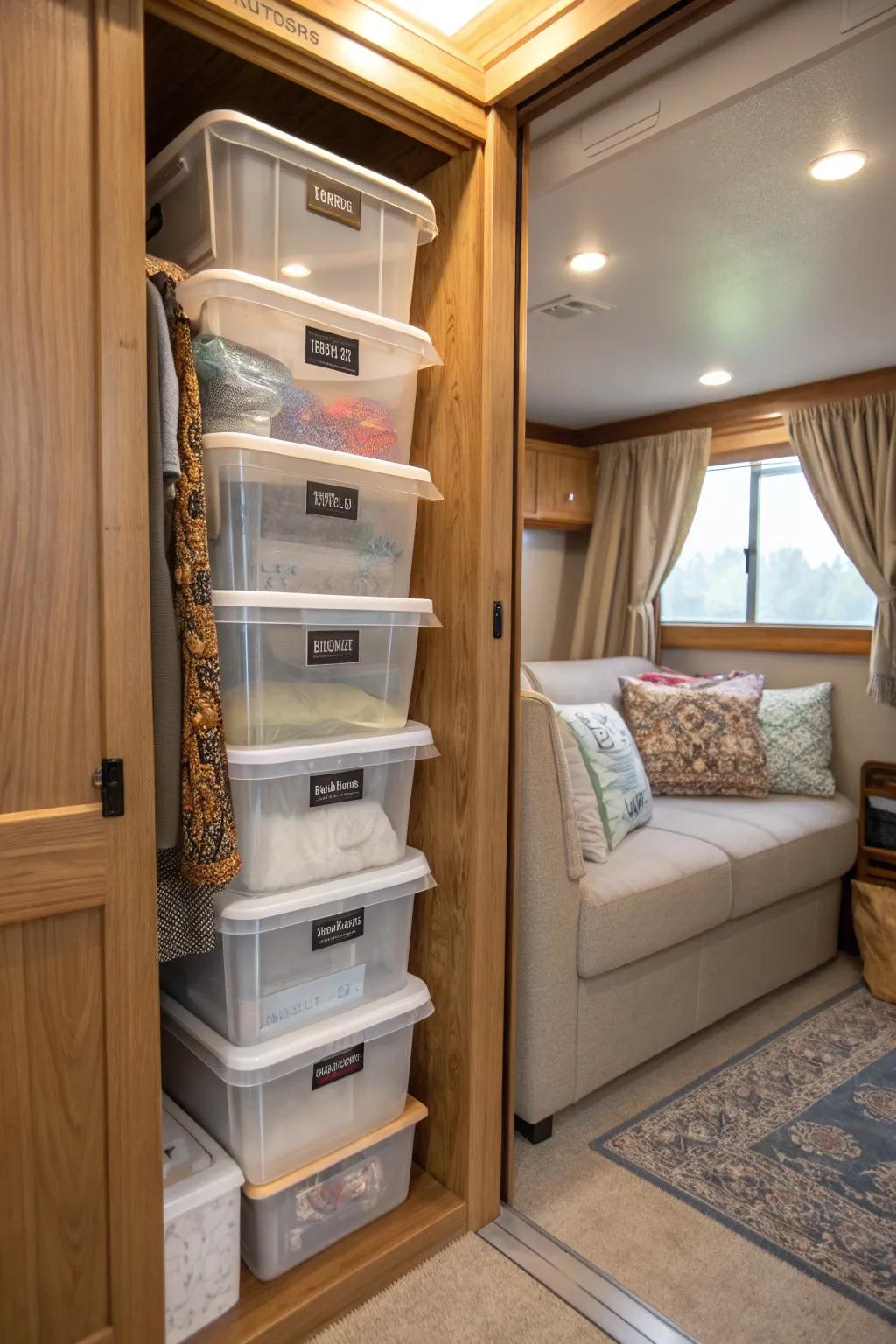 Maximize your RV closet space with clear bins that keep everything visible and neatly organized.