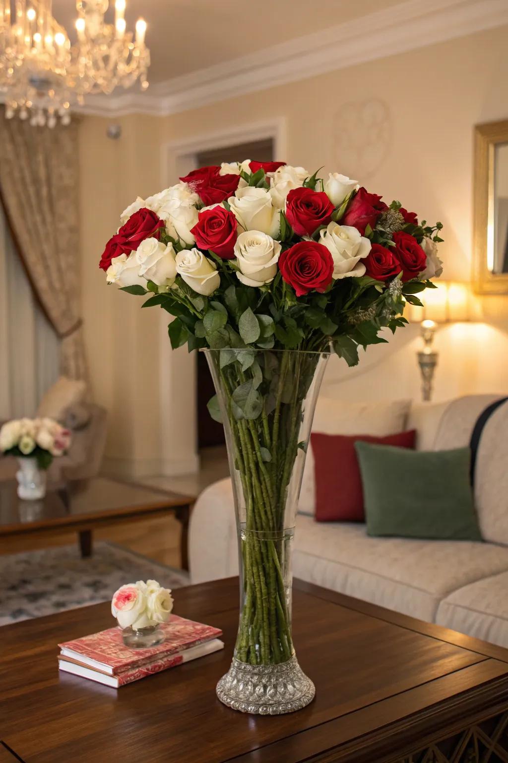 Red and white roses add a classic touch of elegance to any living room.
