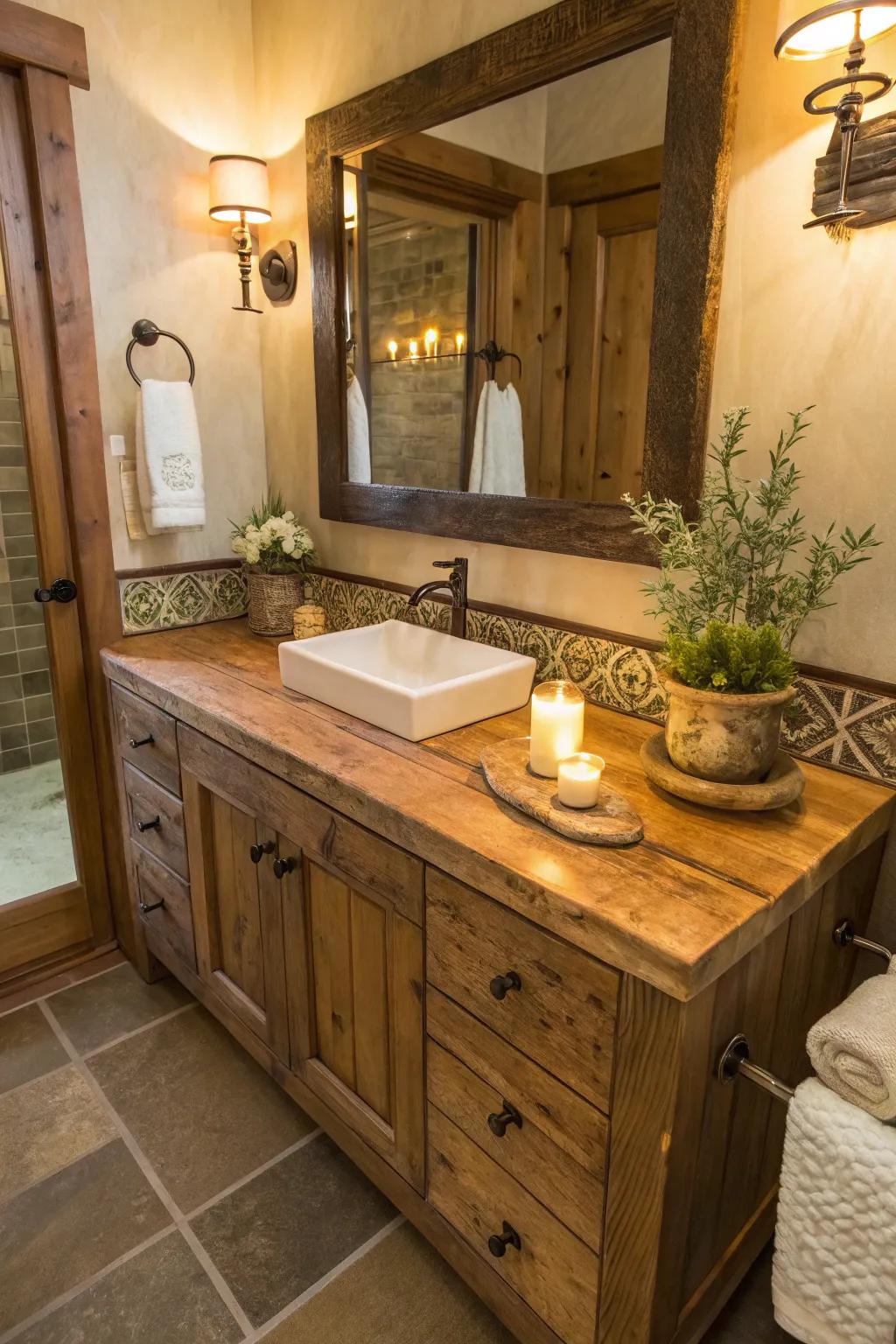 Embrace the rustic charm of wooden vanity tops for a cozy and inviting atmosphere.