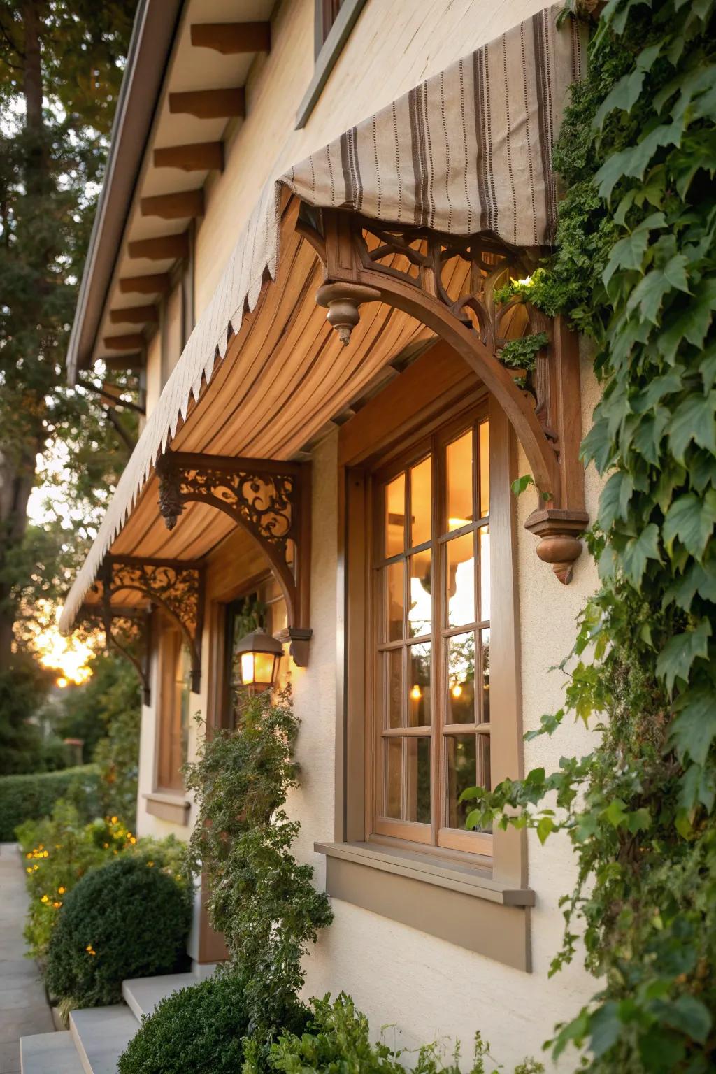 Discover the timeless elegance of classic wooden brackets for your window awnings.