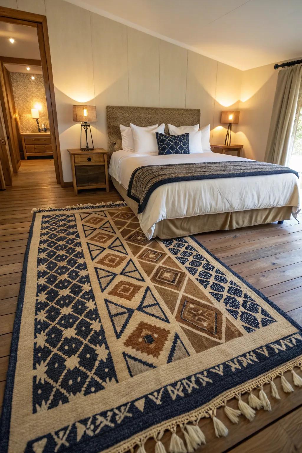 Symmetry in rug placement offers a harmonious and polished look. #SymmetricalDecor #BalancedDesign