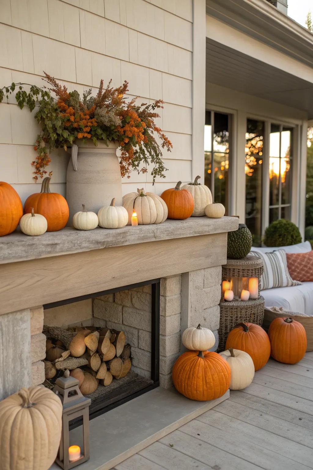 Pumpkins and autumn leaves create a cozy, seasonal vibe for your outdoor mantel.