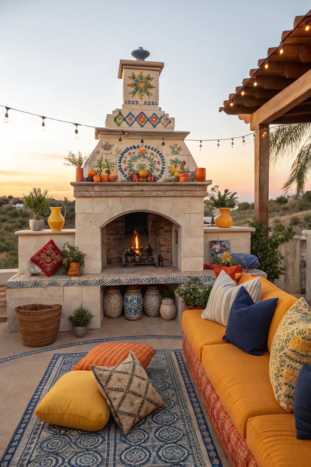 Cozy seating with cushions invites you to relax by the outdoor mantel. 🧡 #CozyCorner #OutdoorLiving