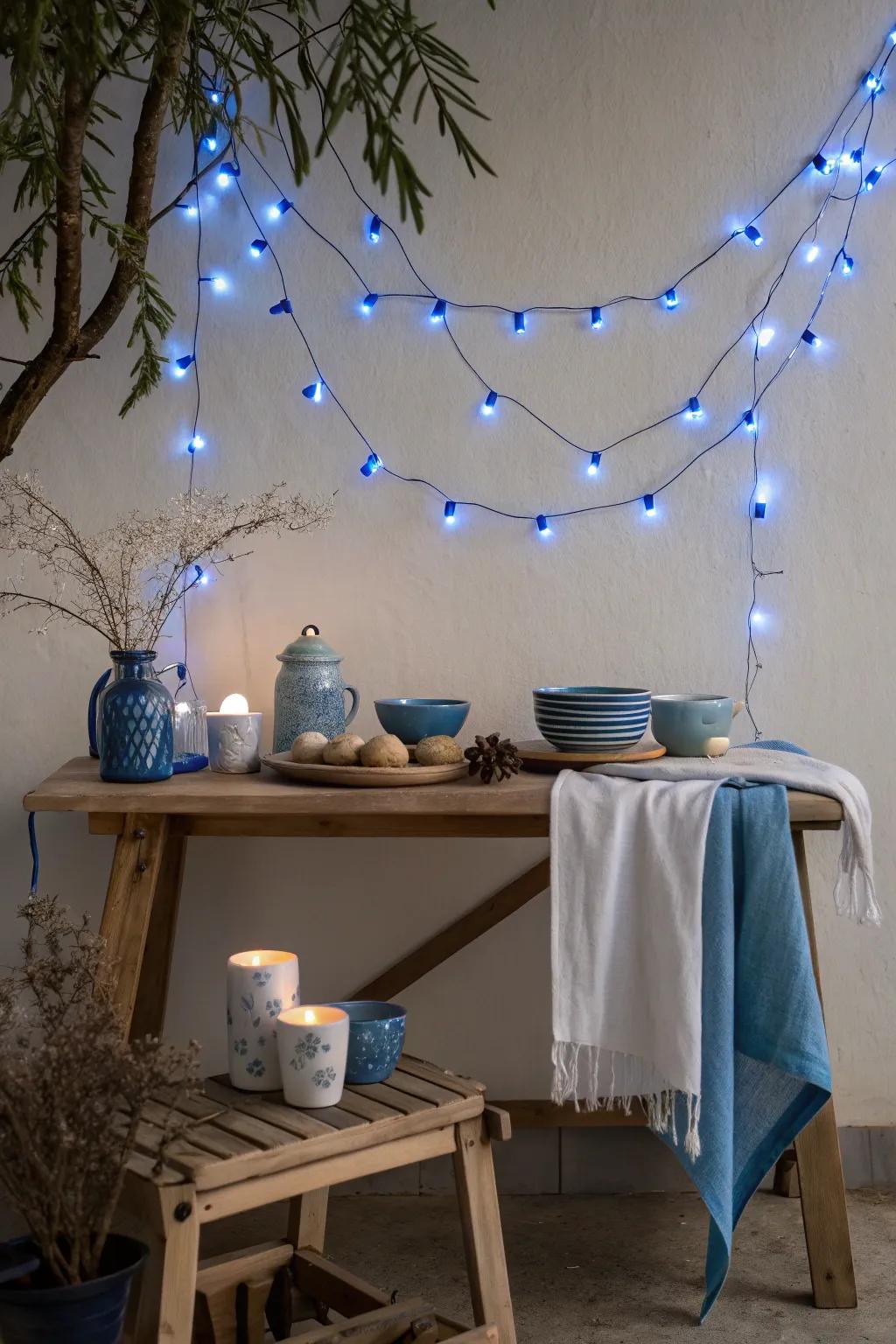 Set the mood with enchanting blue fairy lights that add a magical touch to any evening event.