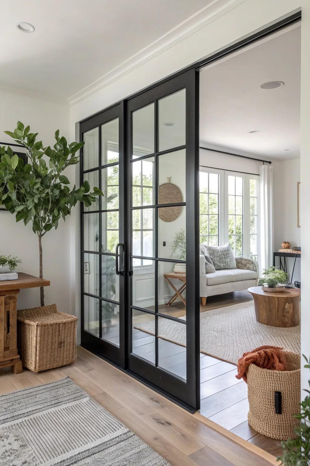 Make a statement with bold black frames that add an industrial touch to your sliding glass doors.