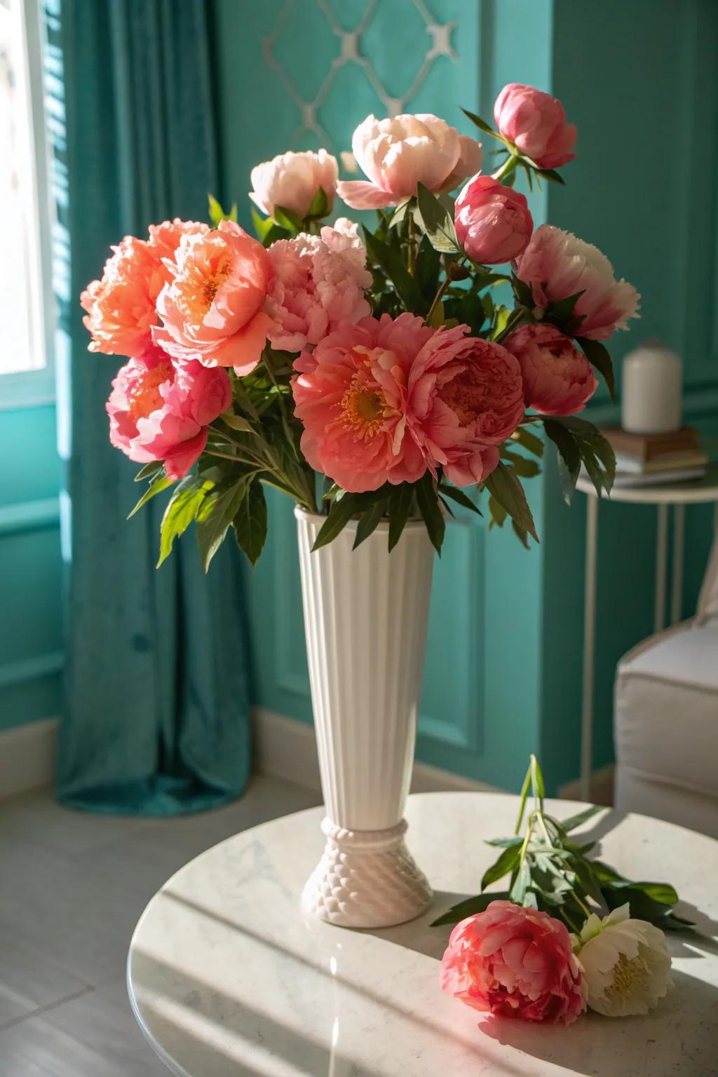 Peonies in a tall vase create a romantic focal point in any bedroom.