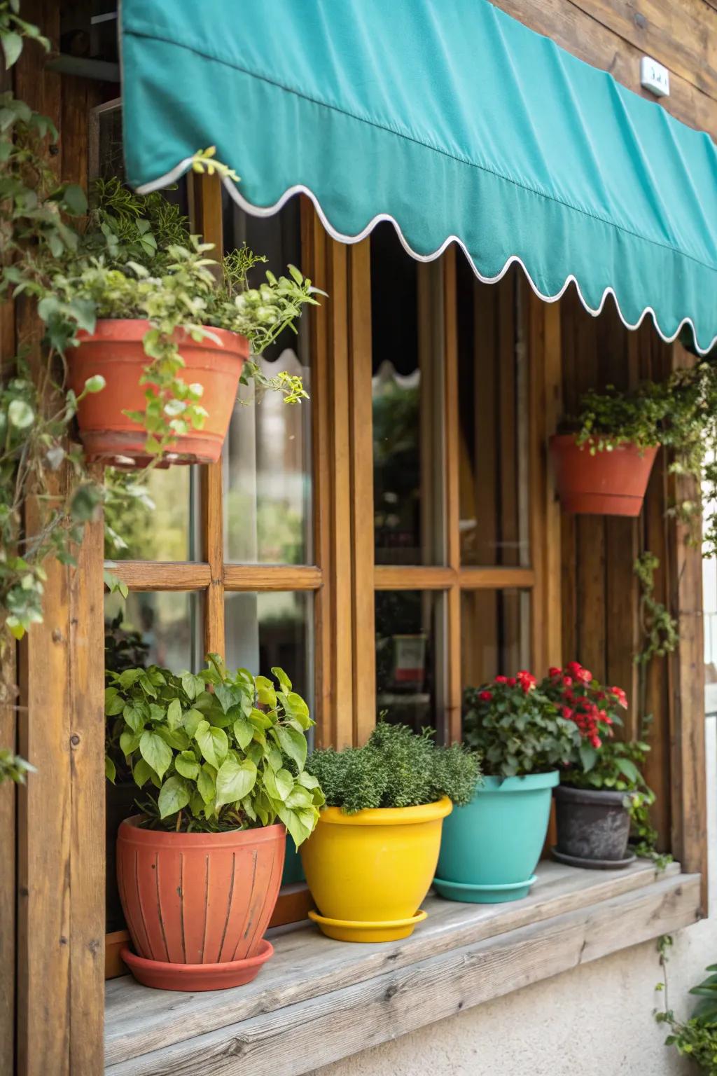 Integrate planters with your awnings for a lush, green touch.