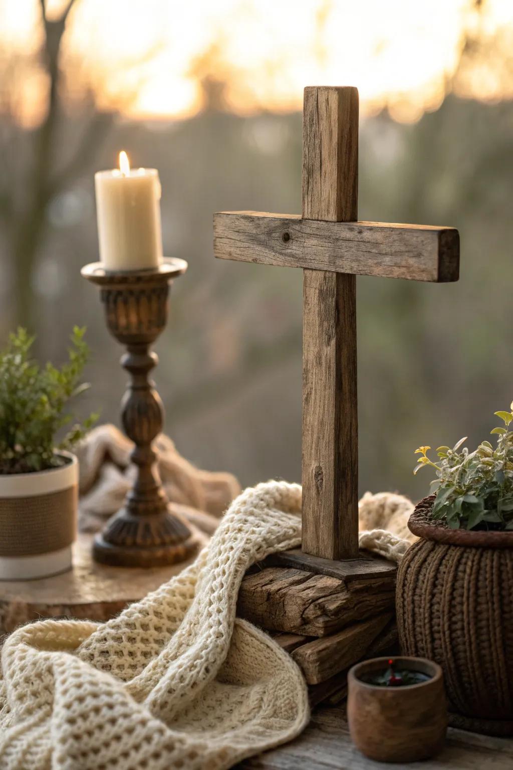Embrace rustic charm with a weathered wooden cross that tells its own story.