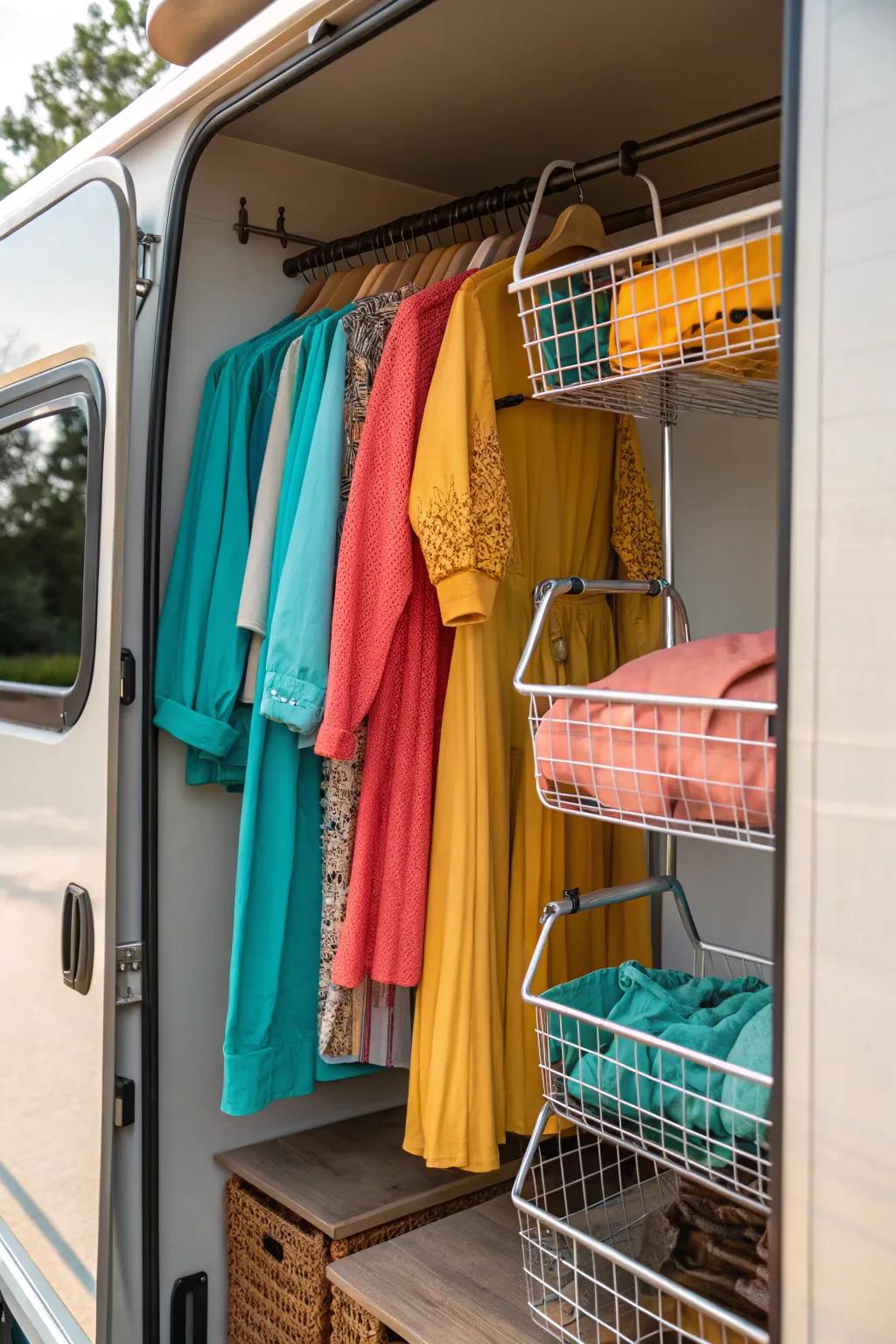 Improve air circulation and organization with wire shelves that keep your RV wardrobe fresh.