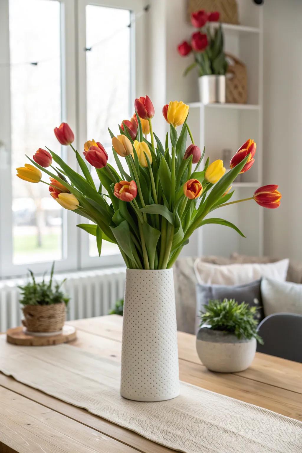 Multicolored tulips bring joy and brightness to a springtime brunch table.