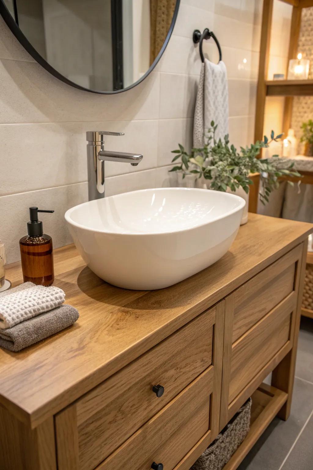 Elevate your bathroom's style with a modern vessel sink atop a chic vanity.