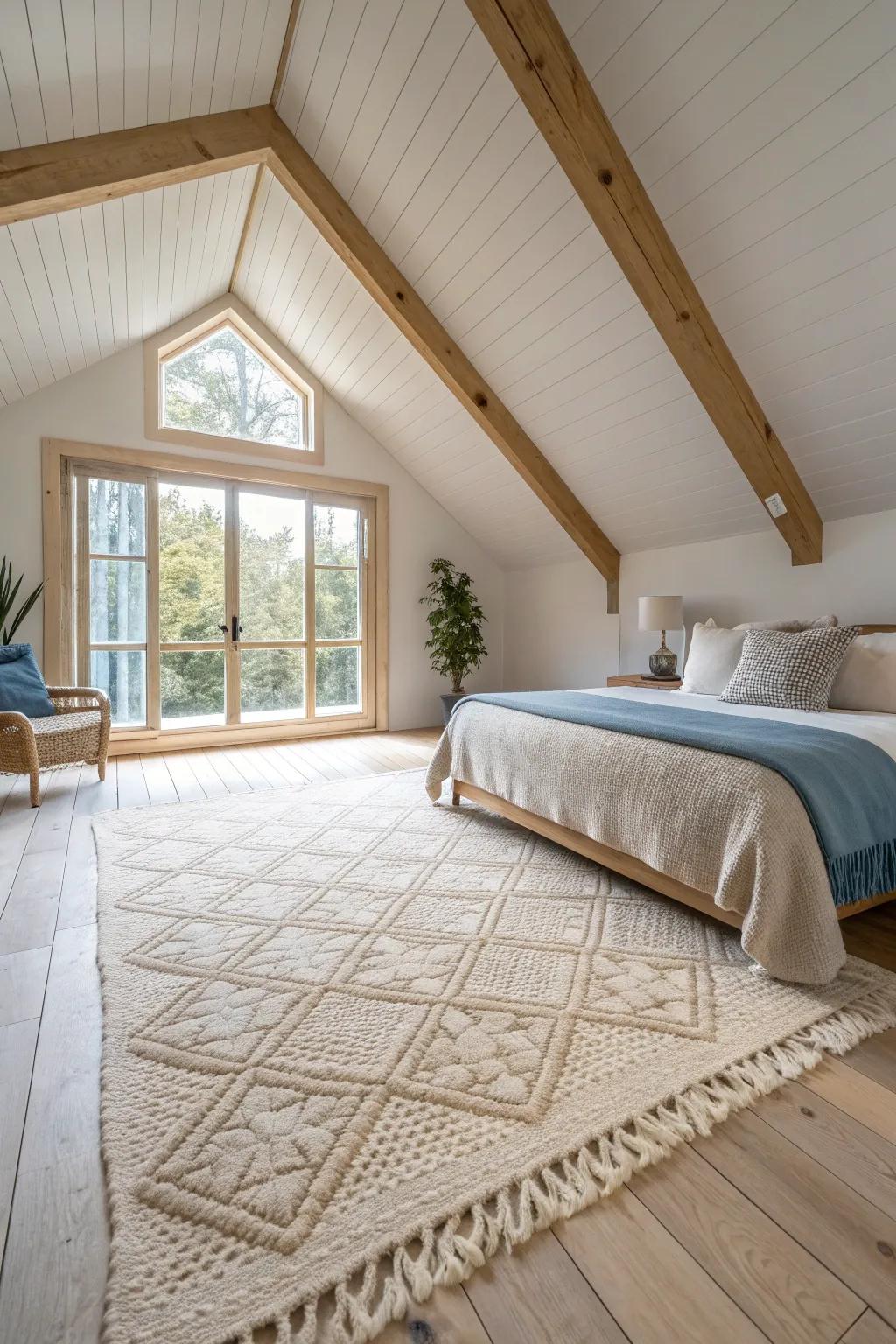 Oversized rugs anchor the room, creating a cohesive and inviting space.