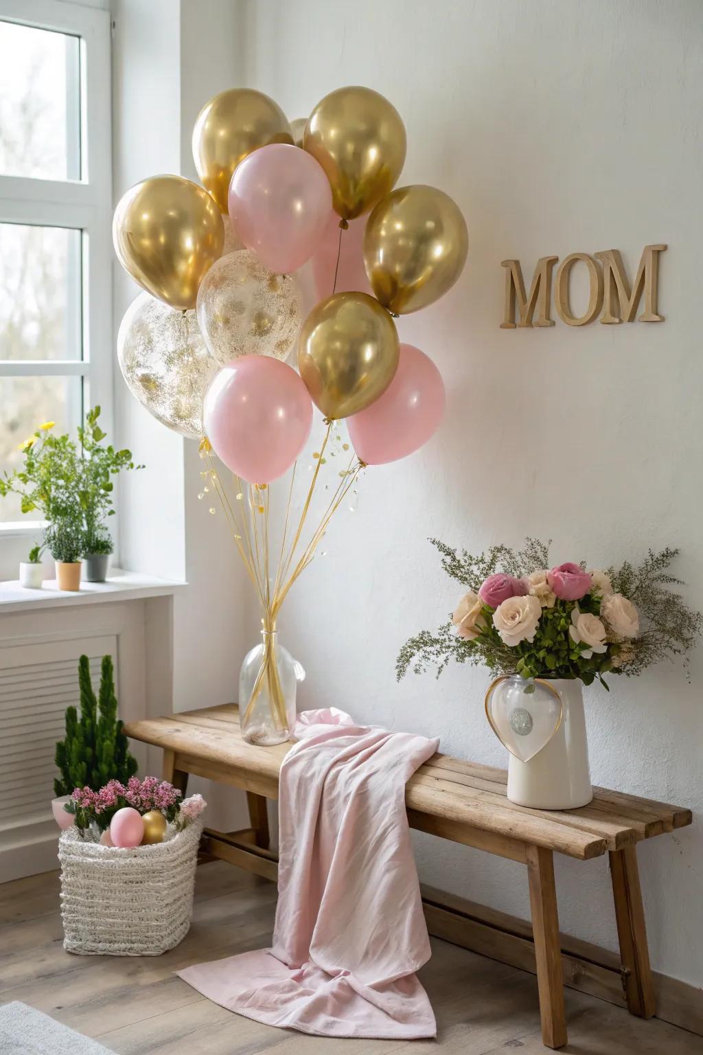 Elevate your celebration with a gold and pink balloon ensemble.