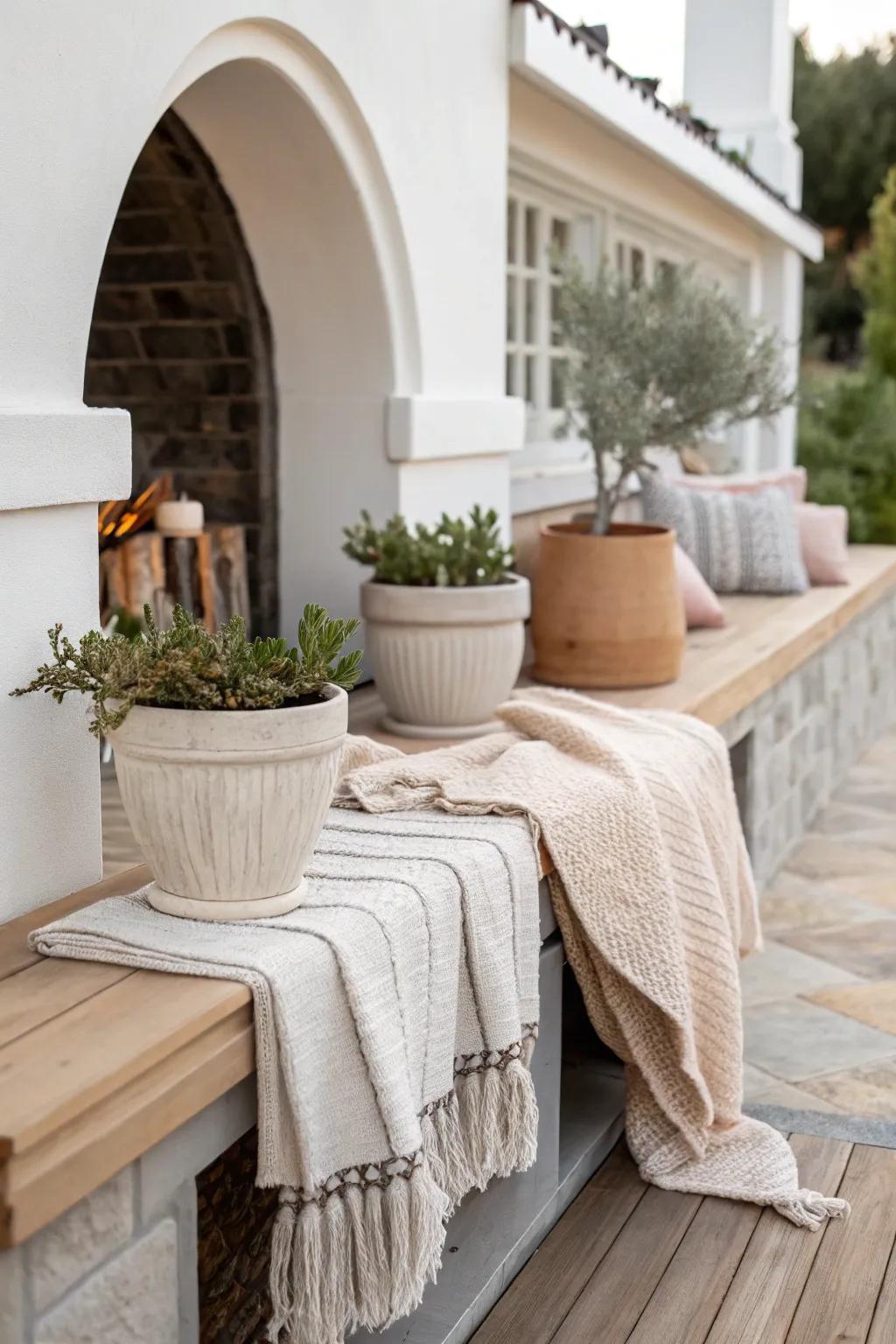 Textured throws add cozy depth to your outdoor seating space. 😍 #TexturedThrows #OutdoorDecor